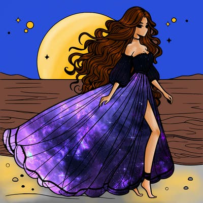 beautiful woman with a vaporous long dress walking on the beach at the noon, detailed art