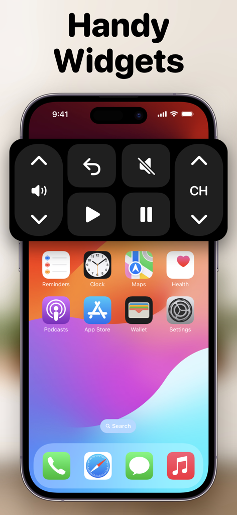 TV Remote +ㅤ - Pantalla de inicio de iPhone que muestra prácticos widgets de control remoto de TV para controlar el volumen, la reproducción y los canales