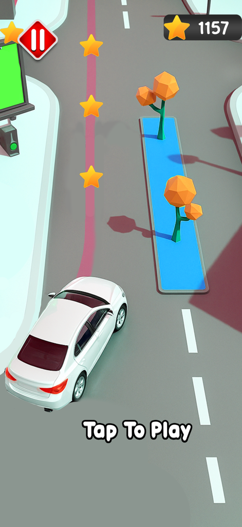 Pick Up Me 3D Taxi Game - Gameplay screen of a 3D taxi driving game featuring a white car on an urban road with collectible stars