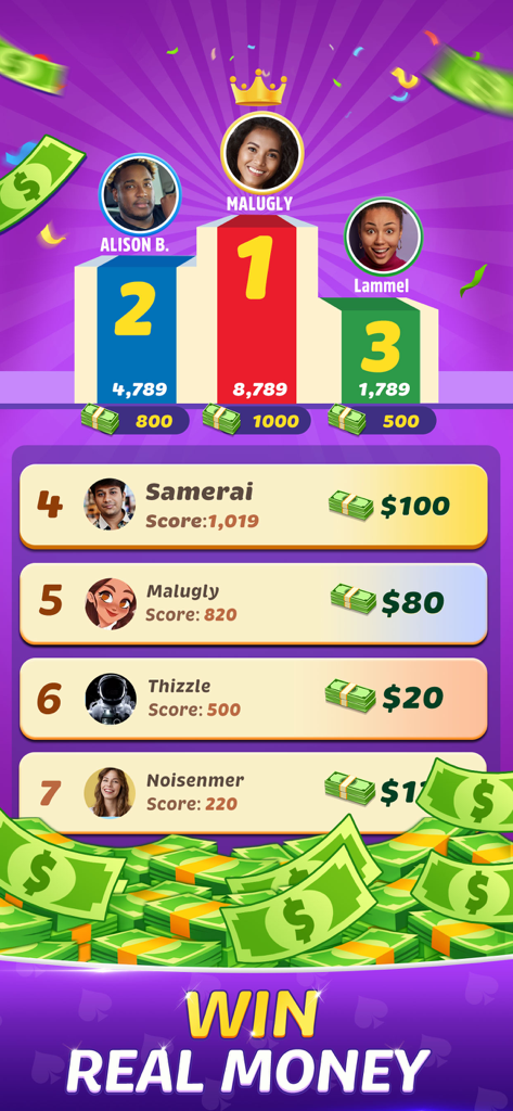 Mobile game leaderboard showing players ranked by score with corresponding cash prizes and a win real money banner.