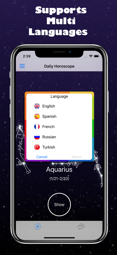 별이 빛나는 배경 위에 영어, 스페인어, 프랑스어, 러시아어, 터키어 옵션이 있는 언어 선택 팝업 메뉴를 보여주는 운세 앱의 스크린샷