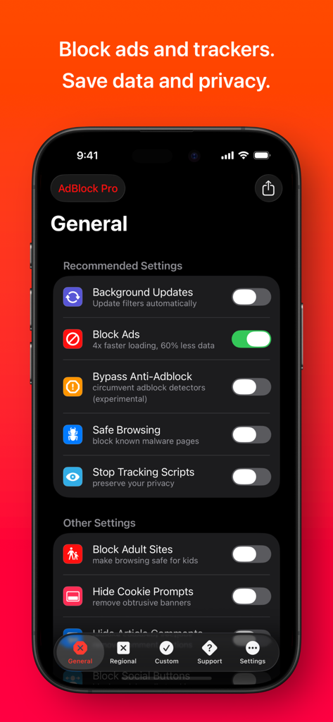 광고, 추적 스크립트 및 쿠키 안내를 차단하는 옵션을 보여주는 iPhone의 Safari용 AdBlock Pro 설정 화면