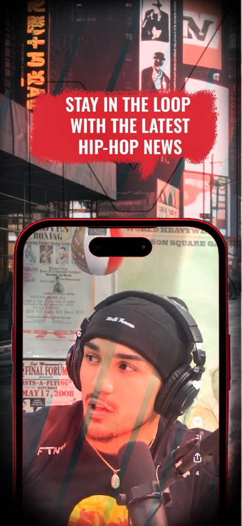 A smartphone displaying the latest hip hop news and a podcast interview on the MyMixtapez app