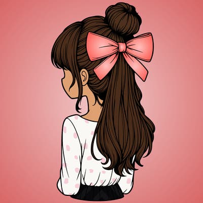 realistic girl  with hip length hair a bun and a big bow on the back of head