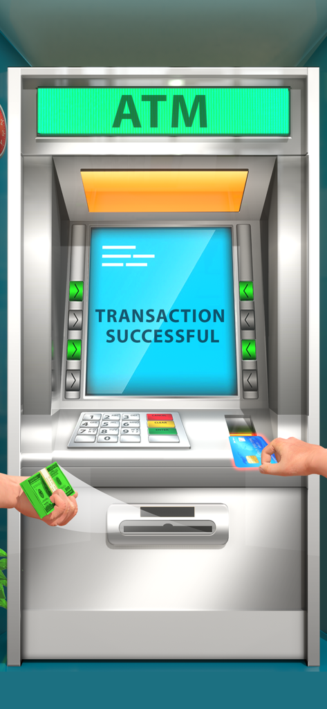 Bank Games - ATM Cash Register - A virtual ATM machine showing a successful cash withdrawal with a card and bank notes