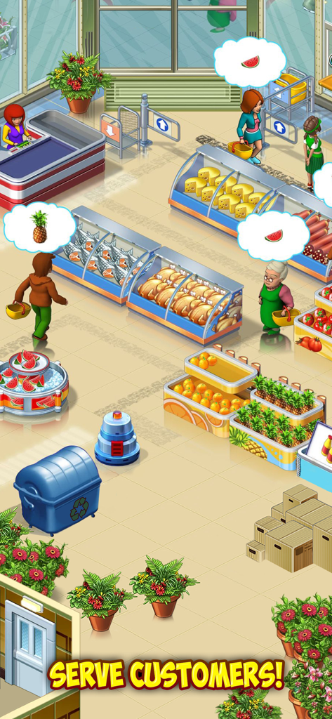 Supermarket Mania Journey - Isometric view of a colorful supermarket where players serve customers and manage inventory in Supermarket Mania Journey.