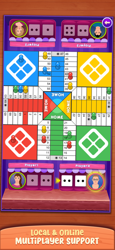 Una interfaz colorida del juego de mesa Parchis mostrando cuatro jugadores en una partida multijugador online.