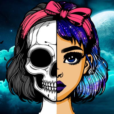 realistic girl with half skull mask