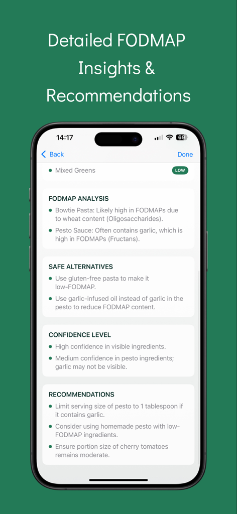FODMAP Friendly AI Scanner - Interface of the FODMAP Friendly AI Scanner app displaying detailed analysis, safe alternatives, and confidence levels for a meal.