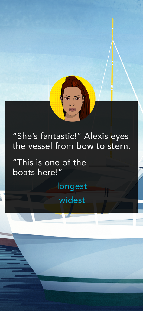 ilearntoboat - Interactive branching narrative quiz featuring character Alexis in the ilearntoboat app