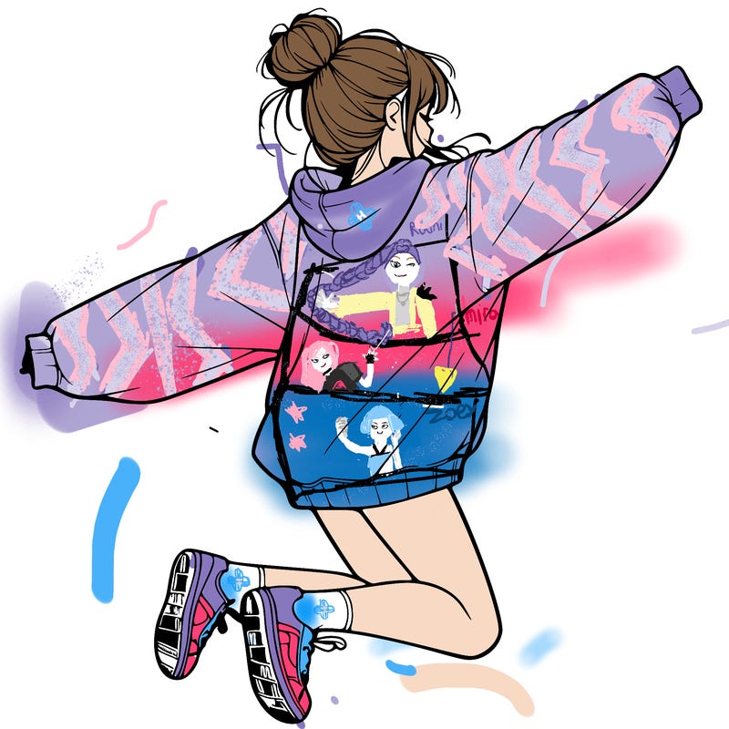 realistic girl jumping with a bun and oversized sweatshirt