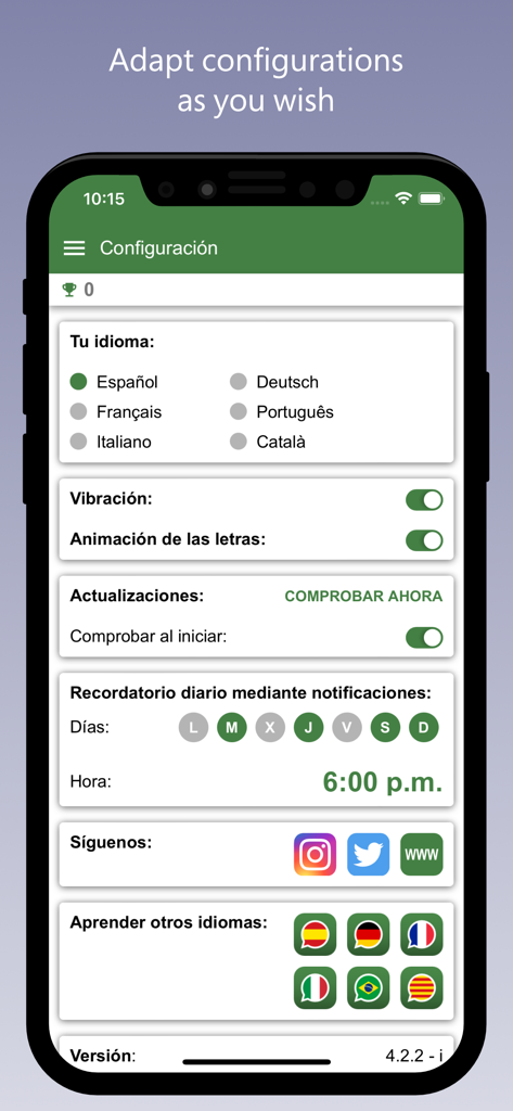 Learn English with Bilinguae - Menú de configuración de la aplicación de inglés Bilinguae que muestra la selección de idioma y recordatorios diarios