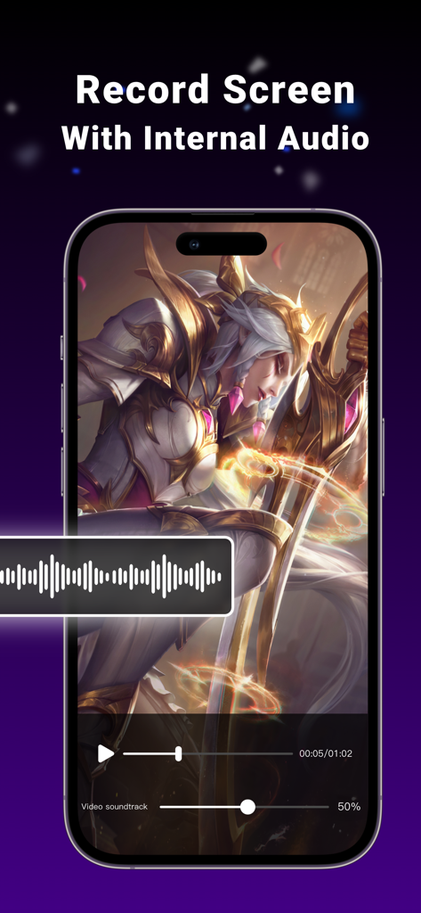 Screen Recorder:Video Recorder - iPhone screen recording a mobile game with a visible internal audio waveform overlay