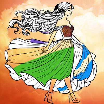 realistic woman in a dress flowing in the wind