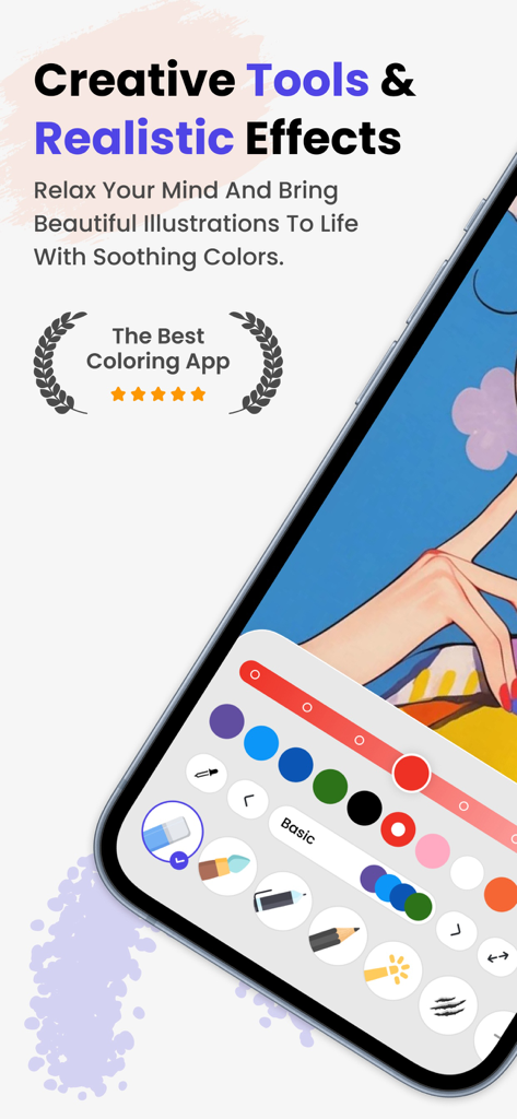 Drawee - Adult Colouring Book - Screenshot of Drawee adult coloring app showing a variety of digital painting tools and a color palette for relaxation