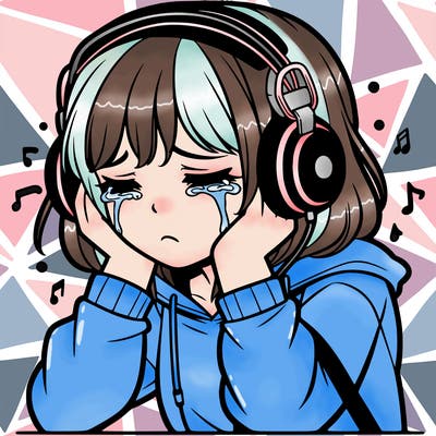 teenage girl crying with headphones