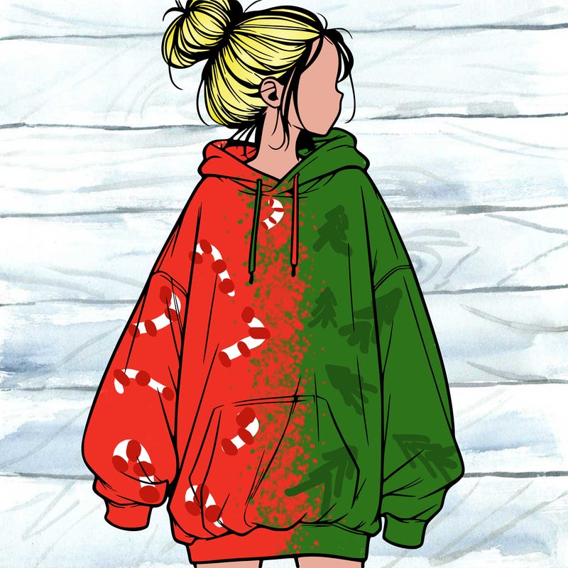 realistic girl with a oversized sweatshirt on and a bun