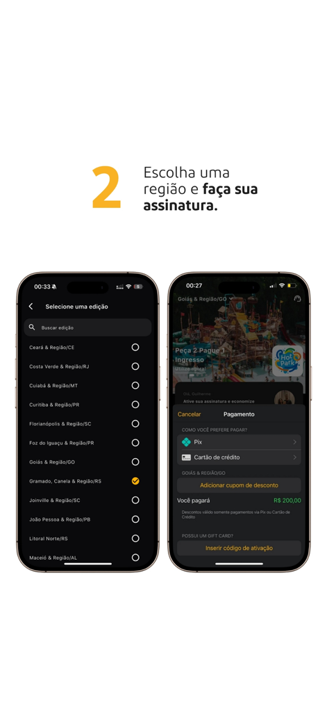 Telas de celular mostrando lista de seleção de região e checkout de pagamento para uma assinatura do Prime Gourmet Club