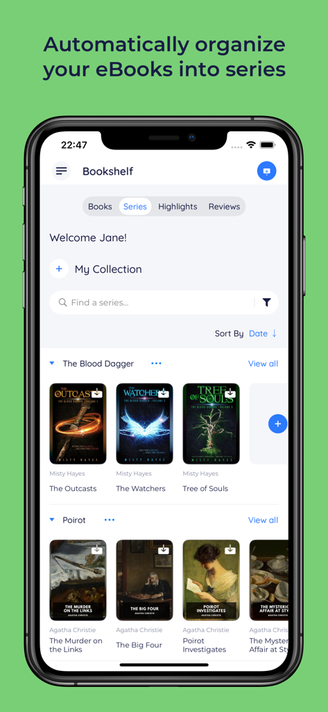 BookFusion-App-Oberfläche zeigt eBooks, die automatisch in Serienordnern wie The Blood Dagger und Poirot organisiert sind.