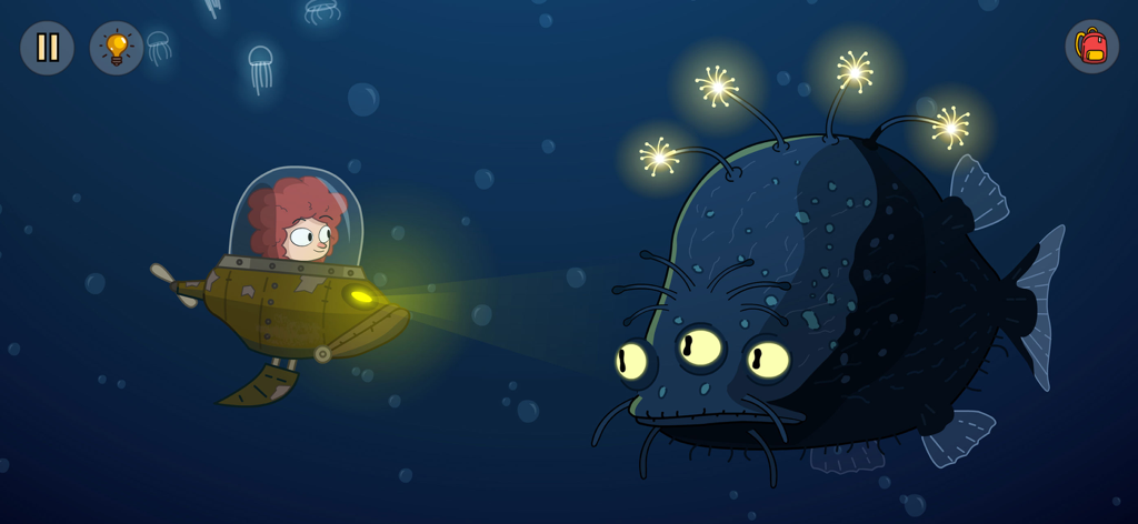 Lost in Play - Una ragazza in un piccolo sottomarino a forma di pesce incontra un'enorme creatura bioluminescente con tre occhi in un oceano buio.