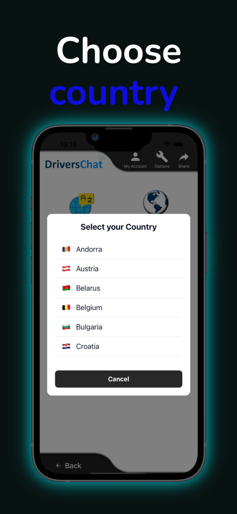 Drivers Chat mobile app interface showing the country selection menu with a list of European countries and their flags.