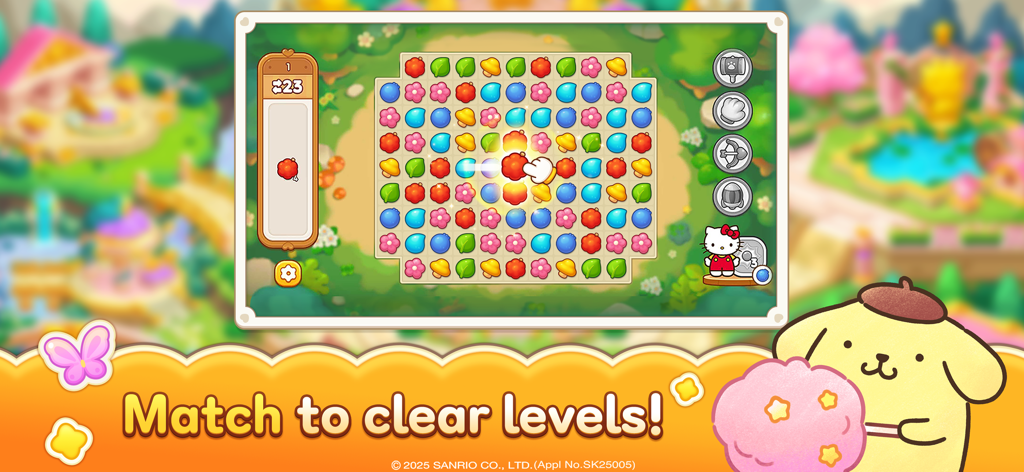 Gameplay screenshot of Hello Kitty Friends Match showing a match-3 puzzle board with Sanrio characters