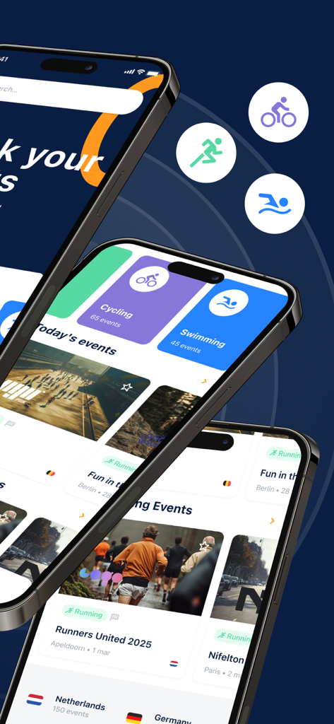 TRACX app interface displaying endurance sport categories and a list of upcoming running events on multiple mobile screens.