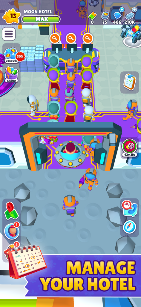 Gameplay of My Perfect Hotel showing a space themed level with astronauts lining up at a reception desk