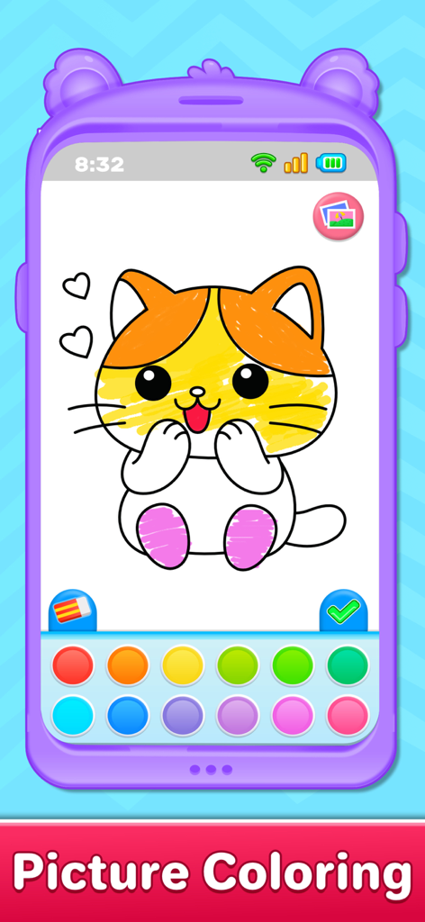 Toddler coloring a cute cat illustration in the Baby Phone educational app