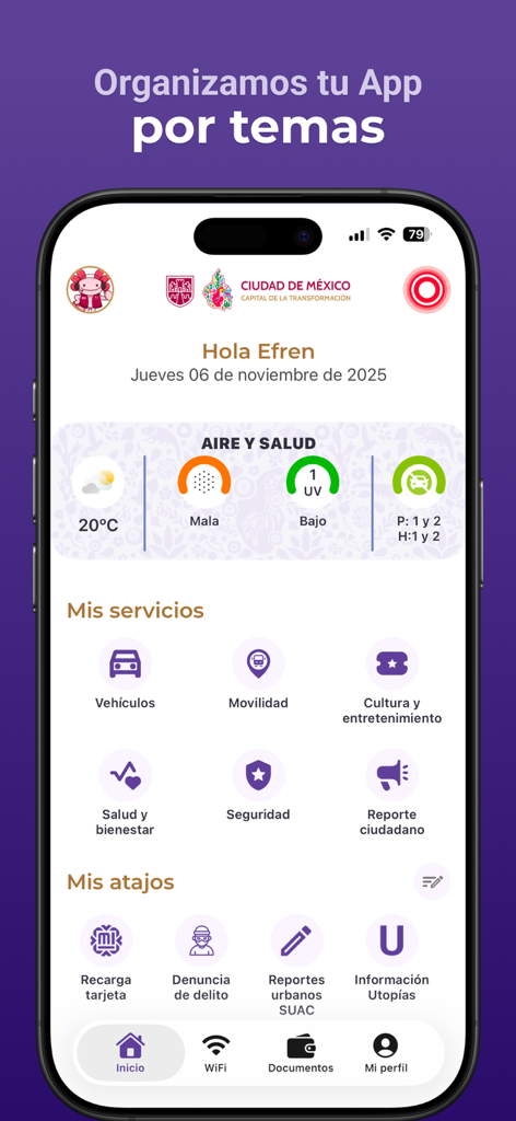 App CDMX main dashboard showing air quality info and urban service icons