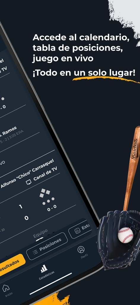 Quinielas Cobra - Quinielas Cobra mobile app interface showing baseball standings and live game statistics in Spanish
