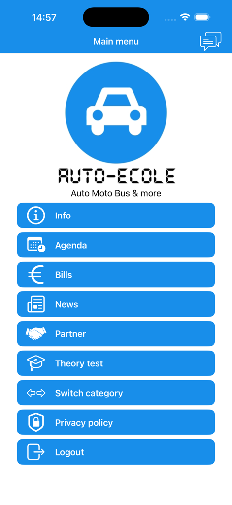 Main menu of the Drivelo app featuring a driving school dashboard with buttons for agenda, theory tests, and billing.