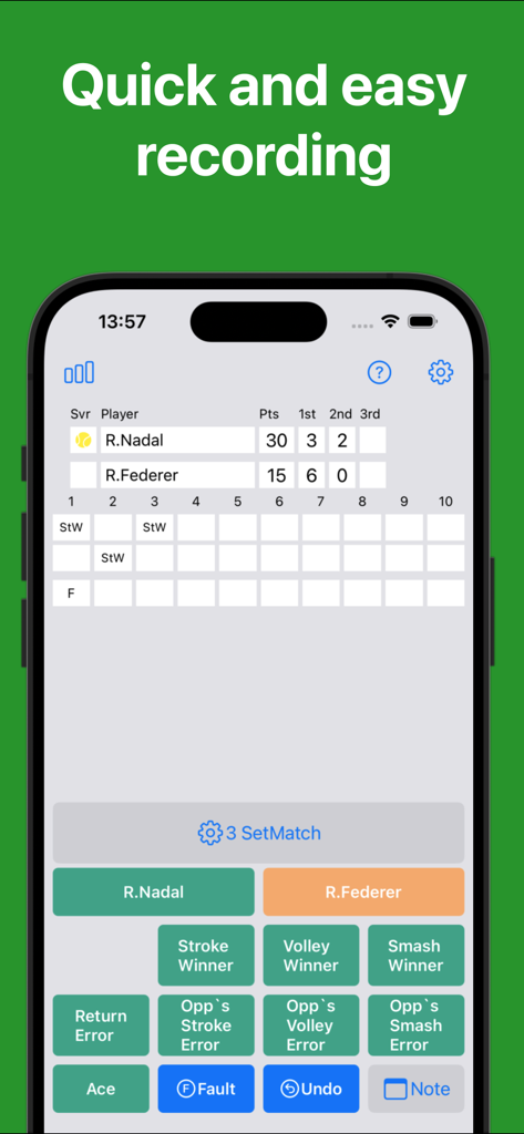 ウィンナーとエラーのボタンでテニス試合ポイントを記録するためのモバイルアプリインターフェイス