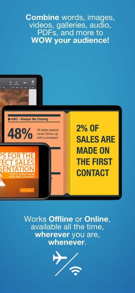 FlowVella Presentation App - FlowVella app interface showing sales presentations on iPad and iPhone with offline usage icons