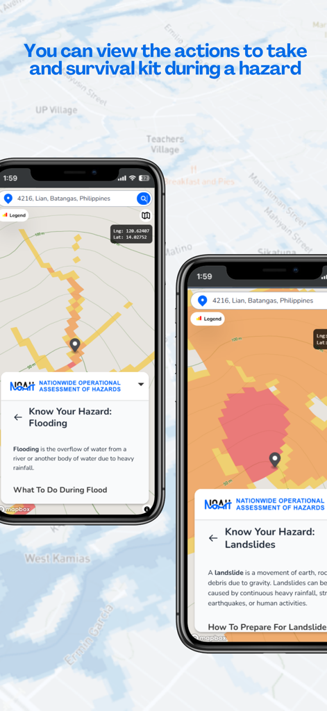 UP NOAH - Capturas de tela do aplicativo móvel UP NOAH mostrando mapas interativos de perigos para inundações e deslizamentos de terra com instruções de sobrevivência.