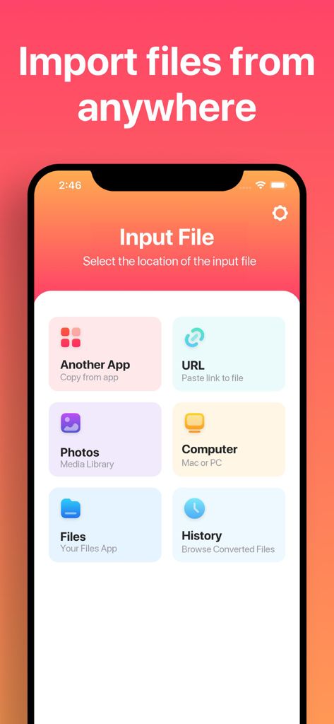 Oberfläche der Vektorkonverter-App, die verschiedene Optionen für den Dateiimport zeigt, darunter URL, Fotos und Computer.