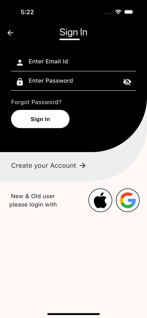 Friendship Restaurant - Schermata di accesso dell'app mobile Friendship Restaurant che mostra campi per email e password con opzioni di accesso tramite social media
