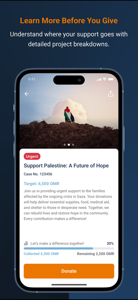 Dar Al Atta - Mobile app screen showing a detailed charity project for Palestine with a progress bar and a donate button