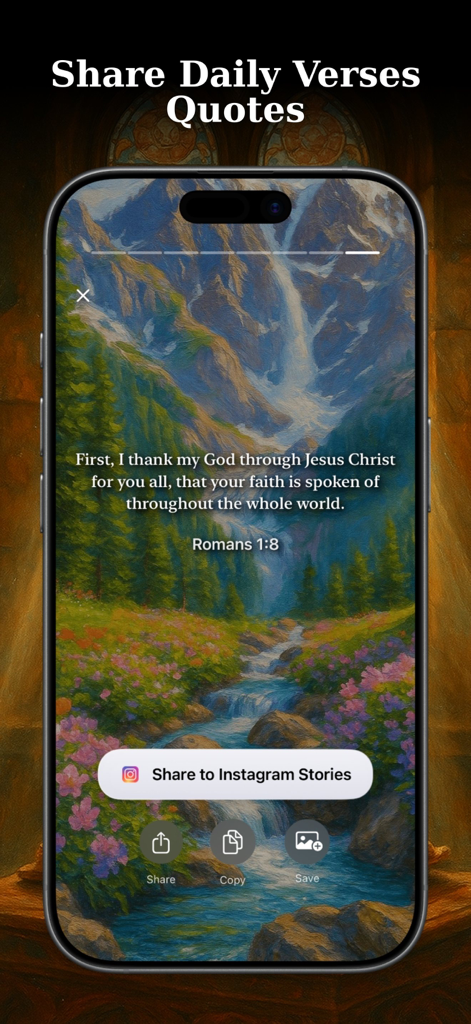 Bible Widget Verse of the Day - Bible app interface showing a scripture from Romans over a mountain landscape with a button to share to Instagram Stories.