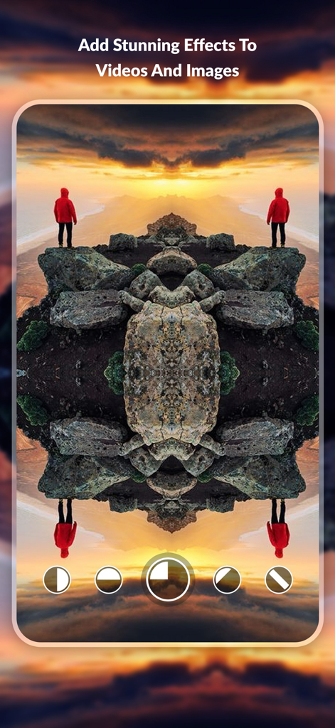 MirrorCam: Symmetry Maker - A four-way mirrored sunset landscape showing a person on rocks with symmetry effects applied.