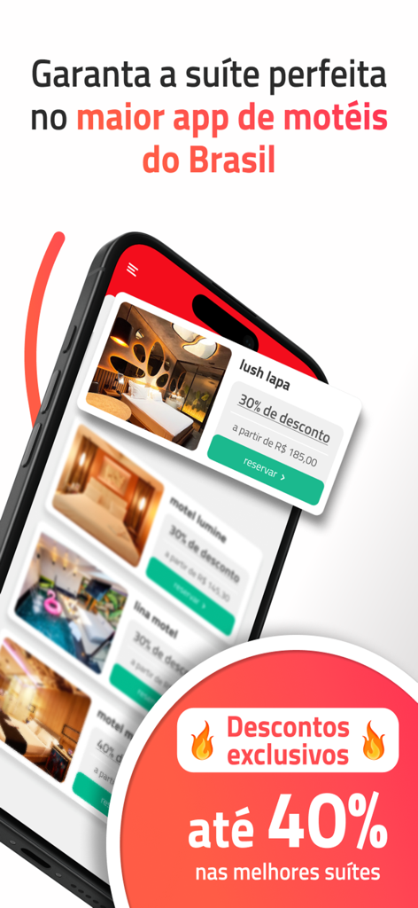 guia de motéis go - Interface de l'application Guia de Moteis Go montrant des suites de motel de luxe et des réductions exclusives jusqu'à quarante pour cent