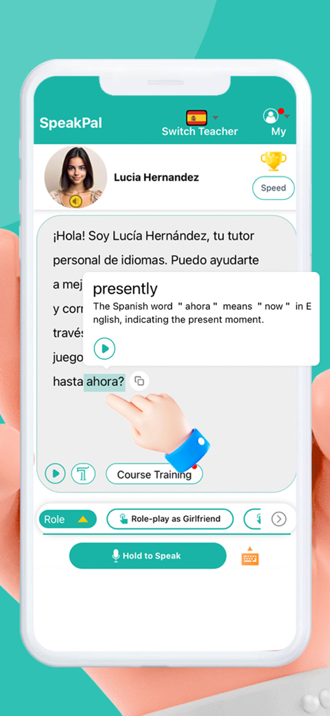 SpeakPal - SpeakPal App-Oberfläche, die ein spanisches Gespräch mit einem KI-Tutor und einem sofortigen Wortübersetzungs-Tooltip zeigt