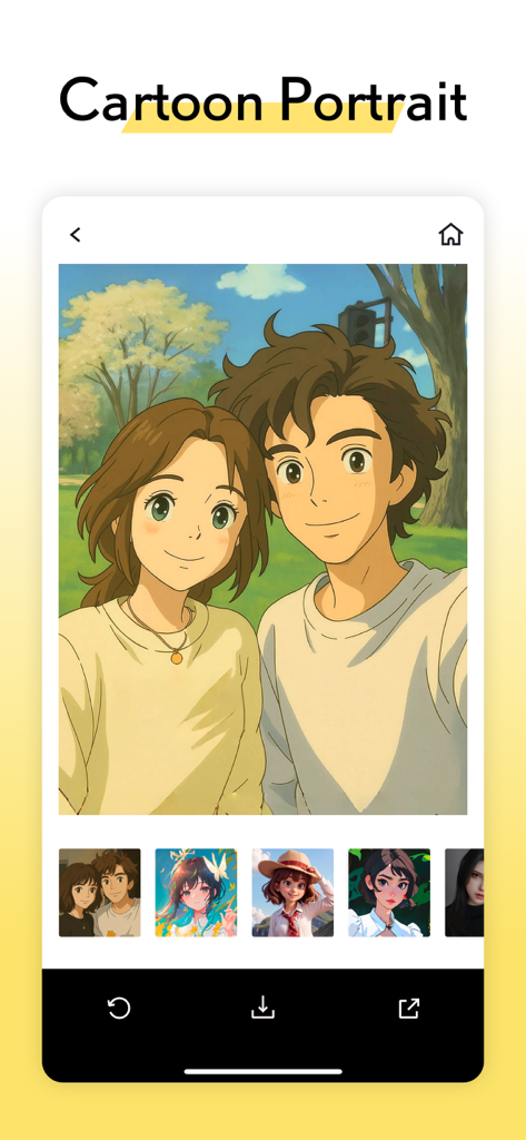 Ein Screenshot der LOOX App Cartoon Portrait-Funktion, der eine KI-generierte Illustration eines lächelnden Paares im Anime-Stil zeigt.