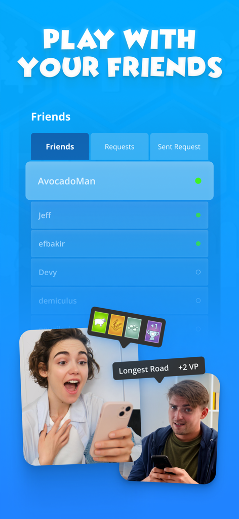 Colonist.io - Colonist.ioアプリの友達リストと、携帯電話でマルチプレイヤーボードゲームをプレイしている人を示すインターフェース