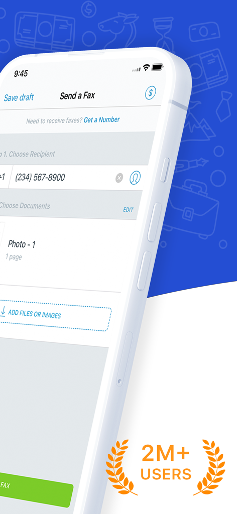 FAX for iPhone: Send & Receive - iPhone screen showing the Send a Fax interface with a badge highlighting over two million users