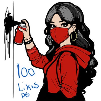 realistic girl with mask spray painting a wall