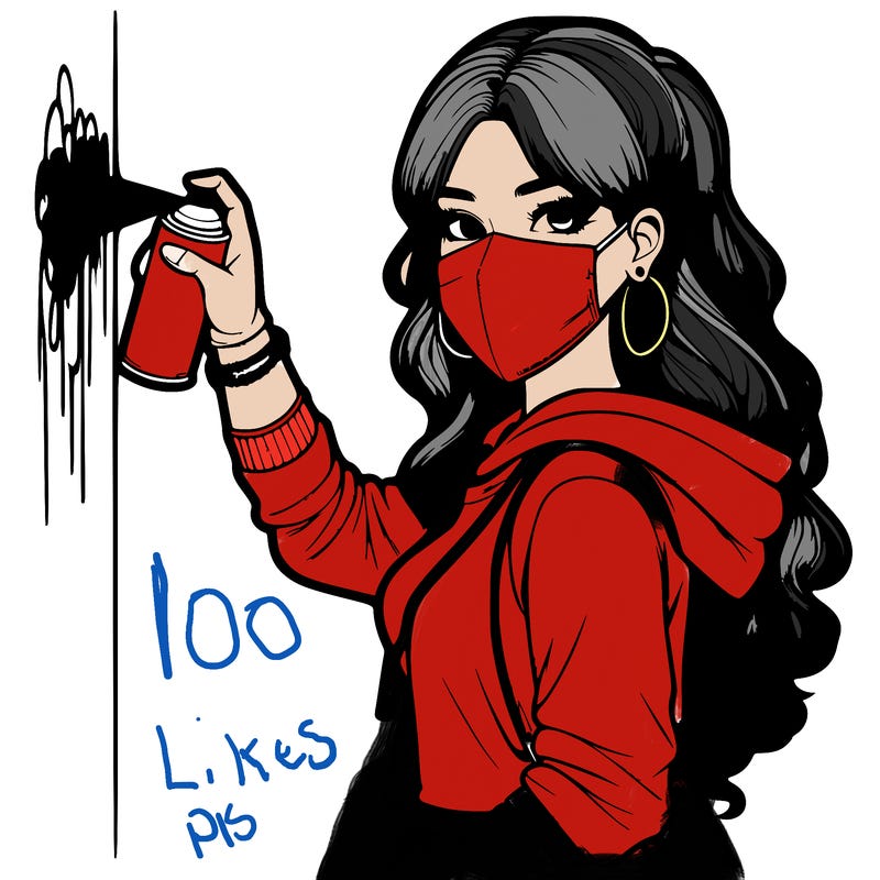 realistic girl with mask spray painting a wall