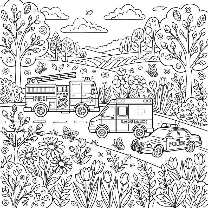 Discover a captivating coloring page where essential emergency vehicles navigate a beautiful spring landscape filled with blossoming flowers. This engaging design blends the bravery of rescue services with the refreshing energy of the season, offering a delightful creative escape.