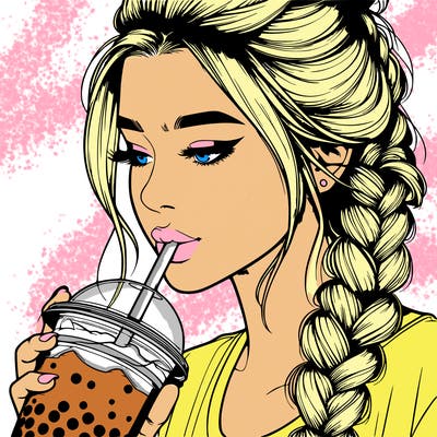 realistic girl drinking boba tea with braided hair