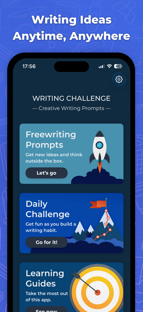 Writing Challenge - Schermata principale dell'app mobile Writing Challenge con spunti di scrittura libera e sfide giornaliere.